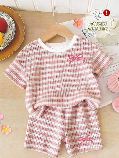 SHEIN Baby Girl Casual Round Neck Short Sleeve T-Shirt And Skinny Leggings Set, Spring/Summer