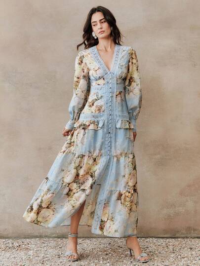 Elegant V-Neck Long Sleeve Floral Print Lace Patchwork Ruffle Hem Maxi Dress, Spring/Summer