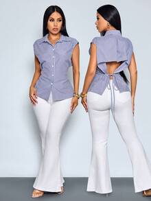 SOLERSUN Women's Vintage Blue & White Striped Collar Sleeveless Backless Tie Waist Casual Sexy Blouse, Y2K Sexy Backless Striped Blouse Sleeveless Tie Waist Club Party Shirt, Beach Vacation Striped Backless Blouse Sleeveless Tie Waist Loose Casual Summer Shirt (Random Floral) - Royal Blue - View 3