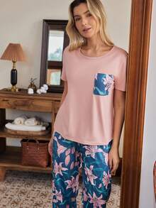 Doze Lane Casual Floral Print Pocket Short Sleeve Pajama Set For Women - Pink - View 3