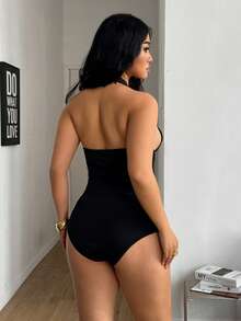 Coolane Women's Plus Size Black Summer 70's Night Party Bodysuit,V-Neck Figure-Flattering Curvy Confidence-Boosting Streetwear Concert Y2K Beach Outfits - Black - View 7