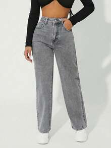 EURMUSE Quần jeans ống đứng bỏ túi thời trang thường ngày dành cho nữ - Xám - Xem 5