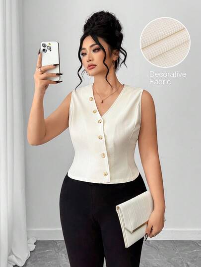 Elenzga Camiseta sin mangas casual de cuello en V y abotonada para mujer talla grande