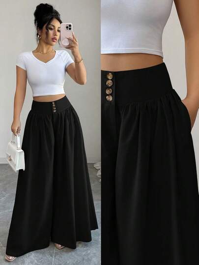 Elenzga New Women Casual Elegant Fashion Floral Buckle Design Loose Wide Leg Pants, Linen Khaki Color Long Trousers Suitable For Spring/Summer, Thanksgiving, Halloween, Versatile Loose Flowy Wide Leg Pants Palazzo Pants Black Wide Leg Pants Women's Pants Casual Pants