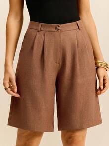Daynim High Waist Plicated Detail Bermuda Shorts - Brown - View 6