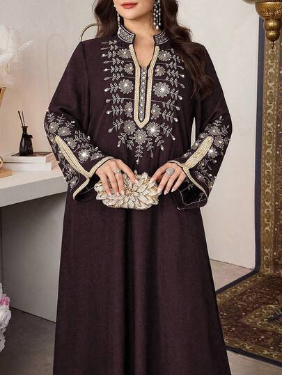 Al Najma Plus Size Embroidered High-End Elegant Patchwork Ribbon Long Sleeve Stand Collar Loose Robe, Traditional Conservative Fashion Women New Turkish Abaya Robe