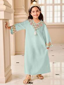 SHEIN Young Girls' V-Neck Textured Fabric Colorful Ruffle Trim Dress, Fashionable Suitable For - Green - View 4