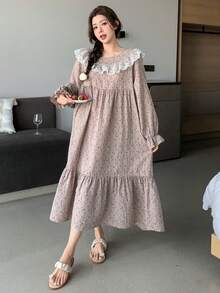 DAZY Floral Lace Ruffle Trim Loose Long Women Nightgown - Pink - View 9