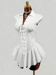Mistrie Robe courte pour femmes de couleur unie avec manches courtes et cordon de serrage - Blanc - Voir 5
