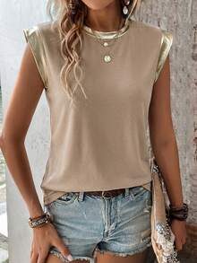 EMERY ROSE Khaki Gold Foil Collar Women's Round Neck Cap Sleeve Casual T-Shirt - Multicolor - View 3