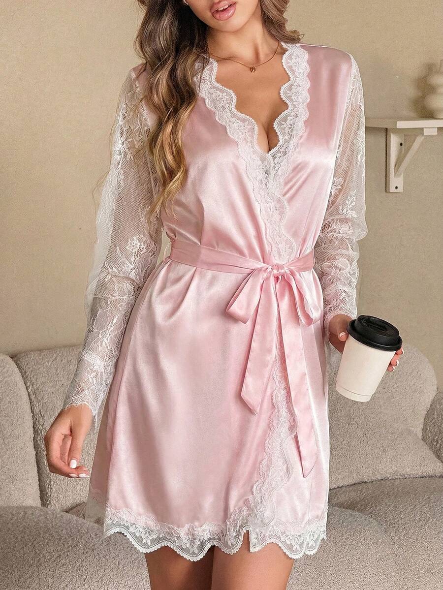 HautHeat Women's Contrast Lace Long Sleeve Elegant Robe - Baby Pink - View 1