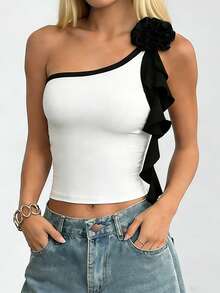 INAWLY Women's Asymmetrical Ruffle Floral Design Contrast Color Asymmetric Shoulder Tank Top - Black and White - View 3