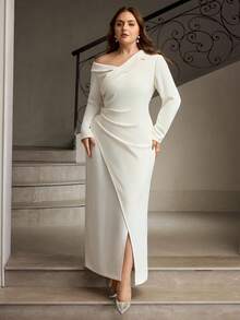 ZEYLAH Vestido ajustado con cuello asimétrico y drapeado de unicolor - Albaricoque - Ver 7