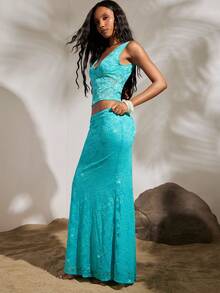 Opulessa 纯色针织蕾丝美人鱼裙，适合海滩度假、休闲、度假、夏季假期、优雅场合、外出、派对等。 - 藍色 - 查看 4