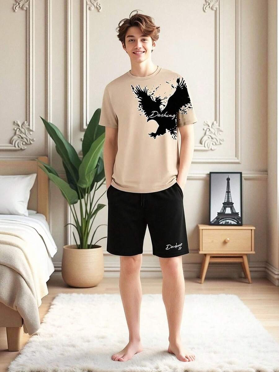 SHEIN 青少年男孩动物卡通老鹰撞色印花T恤和字母印花短裤套装,休闲、上学、旅行、户外运动、假日穿着,舒适、柔软、百搭 - 彩色 - 查看 1