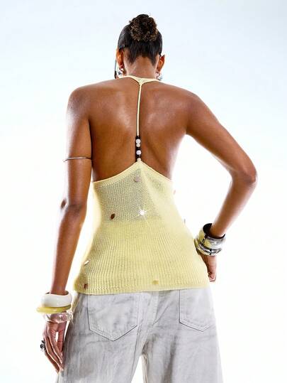 LYSMO Women's Handmade Beaded Halter Backless Camisole For Beach Vacation