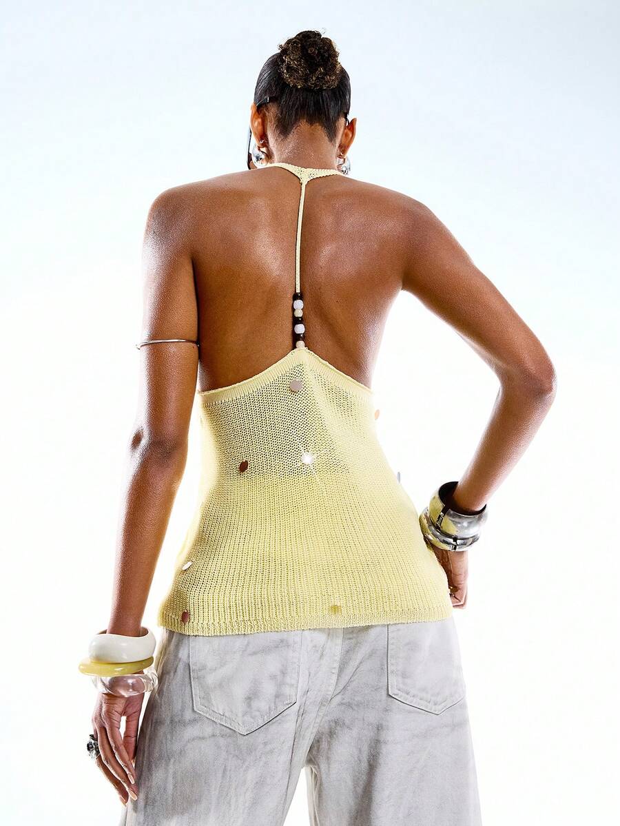 LYSMO Women's Handmade Beaded Halter Backless Camisole For Beach Vacation - Yellow - View 1
