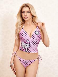 HELLO KITTY AND FRIENDS | SHEIN 女士波点卡通印花露背吊带上衣和侧系带三角泳裤连体泳衣 - 粉色 - 查看 5