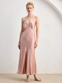 Ocili 女士舒适纯色露背吊带连衣裙家居服 - 粉色 - 查看 4