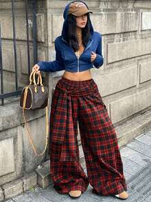 Coolane Summer For Women Going Out Casual Streetwear Everyday Vacation Collegiate Style Pattern Print Patchwork Front Tie Red Loose Wide Leg Pants - Red - View 6