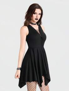 Breakform 女士哥特式性感深V领金属孔眼系带不对称下摆修身吊带迷你连衣裙 - 黑色 - 查看 3