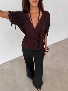 Aloruh Women's Brown Deep V-Neck Loose Ruched Tie Waist Ruffle Hem Shiny Short Sleeve Blouse - Brown - View 7