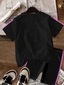 两件套少女休闲时尚彩色韩流女团字母星星印花套装，个性化酷炫数字67图案，趣味六七图案，韩流风格印花服装，彩色卡通人物两件套，时尚黑色，韩流粉丝礼物，学院风运动衫风格时尚女童装，姐妹装，适合度假、派对、日常穿着、演唱会等场合，圆领短袖短裤两件套夏季必备 - 彩色 - 查看 3