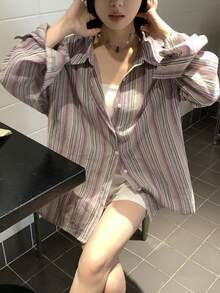 DAZY Women's Striped Minimalist Long Sleeve Shirt, Casual Everyday Wear - Brown - View 5