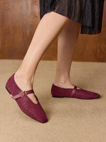 MOTF PREMIUM FASHIONABLE VINTAGE COMFORTABLE CASUAL LEOPARD PRINT FAUX SUEDE MARY JANE SQUARE TOE FLAT SHOES - Burgundy alligator pattern - View 5