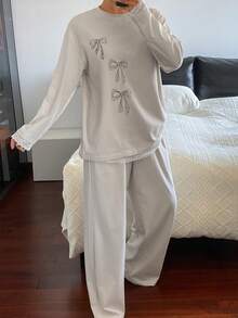 DAZY 2件套女士蝴蝶结拼接图案宽松长袖上衣和长裤睡衣套装，米色，秋季 - 白色 - 查看 3
