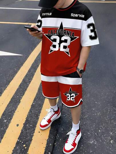 Coolqubz Teen Boys' Colorblock Short Sleeve T-Shirt And Star & Number Print Shorts 2 Pieces Set, Sporty And American Street Style Outfit For Daily Casual Wear