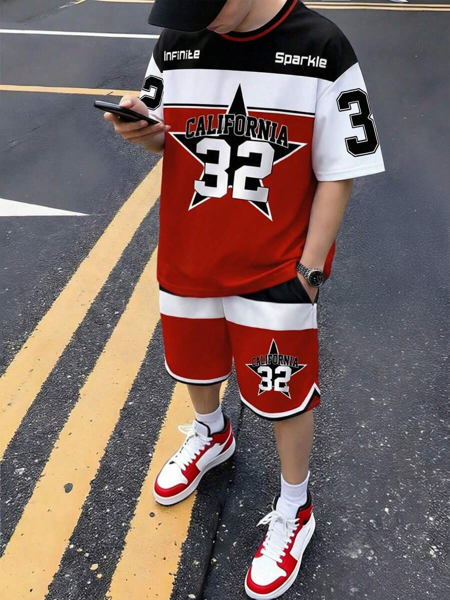 Coolqubz 青少年男童撞色短袖T恤和星形数字印花短裤两件套，运动美式街头风日常休闲穿搭 - 彩色 - 查看 1