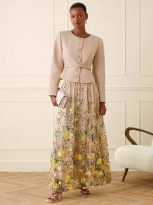 Lilora Conjunto de 2 piezas de mujer con chaqueta de manga larga de cuello redondo, abotonada al frente y con cinturón, en unicolor elegante para uso diario, y falda bordada con flores - Albaricoque - Ver 5