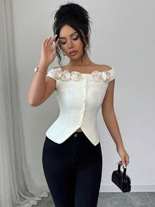 SHEIN Clasi Elegant Casual Commute Daily Matching Shirt For Women With 3D Floral Decor, Waisted, Button-Up, Slit Hem, Suitable For Summer - Beige - View 4