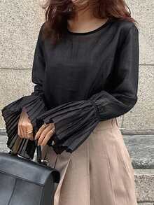 FRIFUL Women's Solid Black Sheer Patchwork Flare Sleeve Pleated Loose Casual Versatile Blouse - Black - View 4