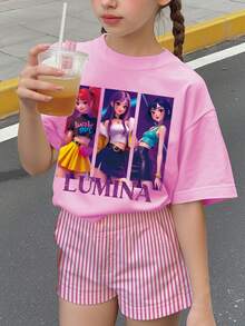 Leuchtend rosa, Cartoon Mädchen Muster, K-Pop Superstars, Tween-Mädchen Lässig Minimalist Kurzarm Rundhals T-Shirt, geeignet für den Sommer - Verschiedenfarbig - Übersicht 1