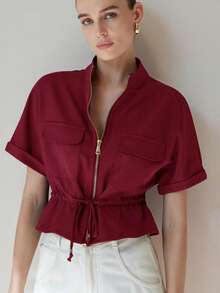 Aveloria Modichic Fashionable Short Utility Shirt, With Two Symmetrical Chest Pockets, Cinched Waist Design, Overall Neat And Practical - Red Violet - View 4