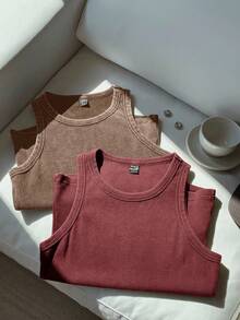 Comfortcana 2pcs/Set Seamless Knit Crop Top & Leggings Set - Red - View 4