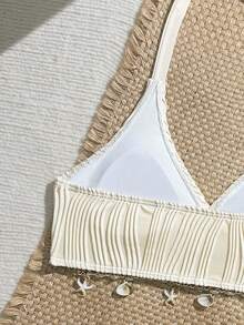 Girls Halter Neck Bikini Top,White,Summer,Cute,Sequin,Beach,Holiday,Boho Pleated Fabric Beige Simple Solid Shell Decor Hem Woven Patchwork For Teens - Multicolor - View 5