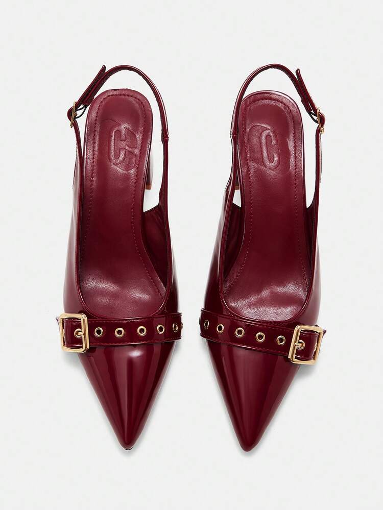 CUCCOO CURVES 女士尖头搭扣设计日常百搭时尚宽楦高跟鞋 - 酒紅色 - 查看 10