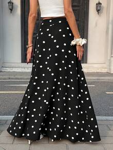 Pariaura Casual Black Polka Dot Print Maxi Skirt For Women Stylish Flared Design With Zipper Detail - Black - View 2
