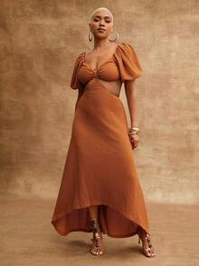 Vixey Knit Jacquard Puff Sleeve Cut Out Open Low Back Dress - Brown - View 5