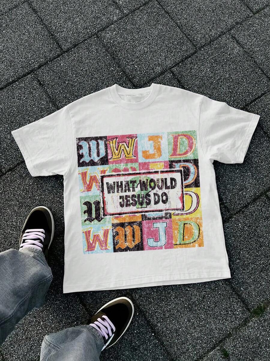 SHEIN Y2K Street Style Short-Sleeved T-Shirt, "What Will Jesus Do?" Print T-Shirt, Fashionable Hip-Hop Men's Vest, Fun Retro Vest, Regular Fit, Street Style, Digital Print, Ideal Gift. - Multicolor - View 1