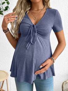 SHEIN Kaos Hamil Lengan Pendek Kasual Serbaguna dengan Leher V dan Detail Lipatan untuk Musim Gugur - Biru - View 6