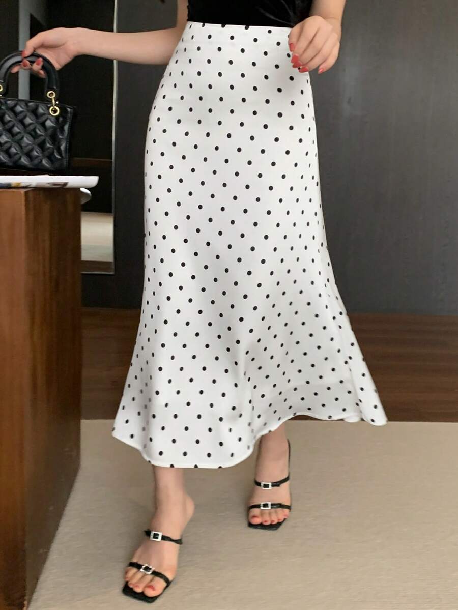 DAZY Spring & Summer Polka Dot Allover Print Color Block Cocktail Dress, Elegant Bodycon Mermaid Skirt For Party, Wedding, Prom, Formal Occasion - White - View 1