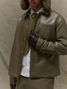 Musero Boxy Fit Long Sleeve Leather Collard Button Up Shirt Jacket Hidden Placket Detailing  Spring&Summer - Olive Green - View 6