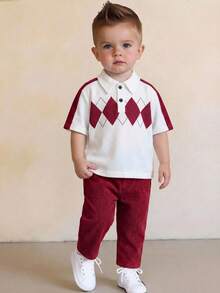 SHEIN 2pcs/Set Baby BoyCasual Versatile Argyle Pattern Short Sleeve Polo Shirt And Red Pants Outfit, Spring/Summer - Red - View 1