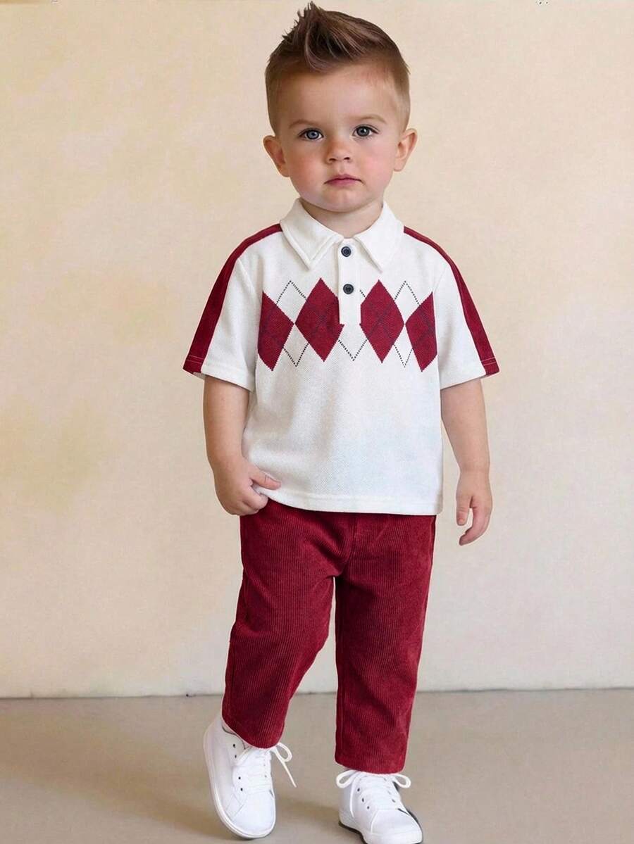 SHEIN 2pcs/Set Baby BoyCasual Versatile Argyle Pattern Short Sleeve Polo Shirt And Red Pants Outfit, Spring/Summer - Red - View 1
