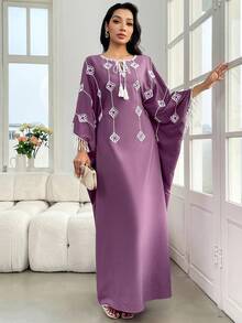 Yasmyna 女士流苏土耳其长裙，传统阿拉伯长袍 - 紫色 - 查看 5