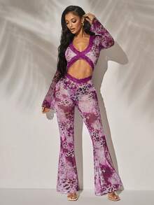 Radiana Women's Sexy Fashion Purple Leopard Print Lace Patchwork V-Neck Backless Jumpsuit - Multicolor - View 3